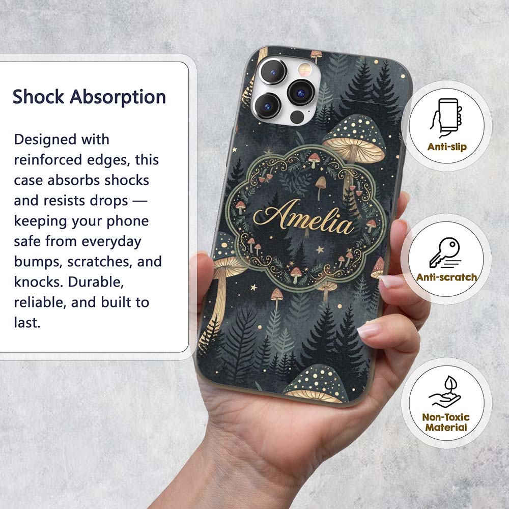 Glowing Mushroom Botanical Night Forest Seamless Custom Name Protective Phone Case Mobile Cover Durable Everyday Smartphone Shock Resistant