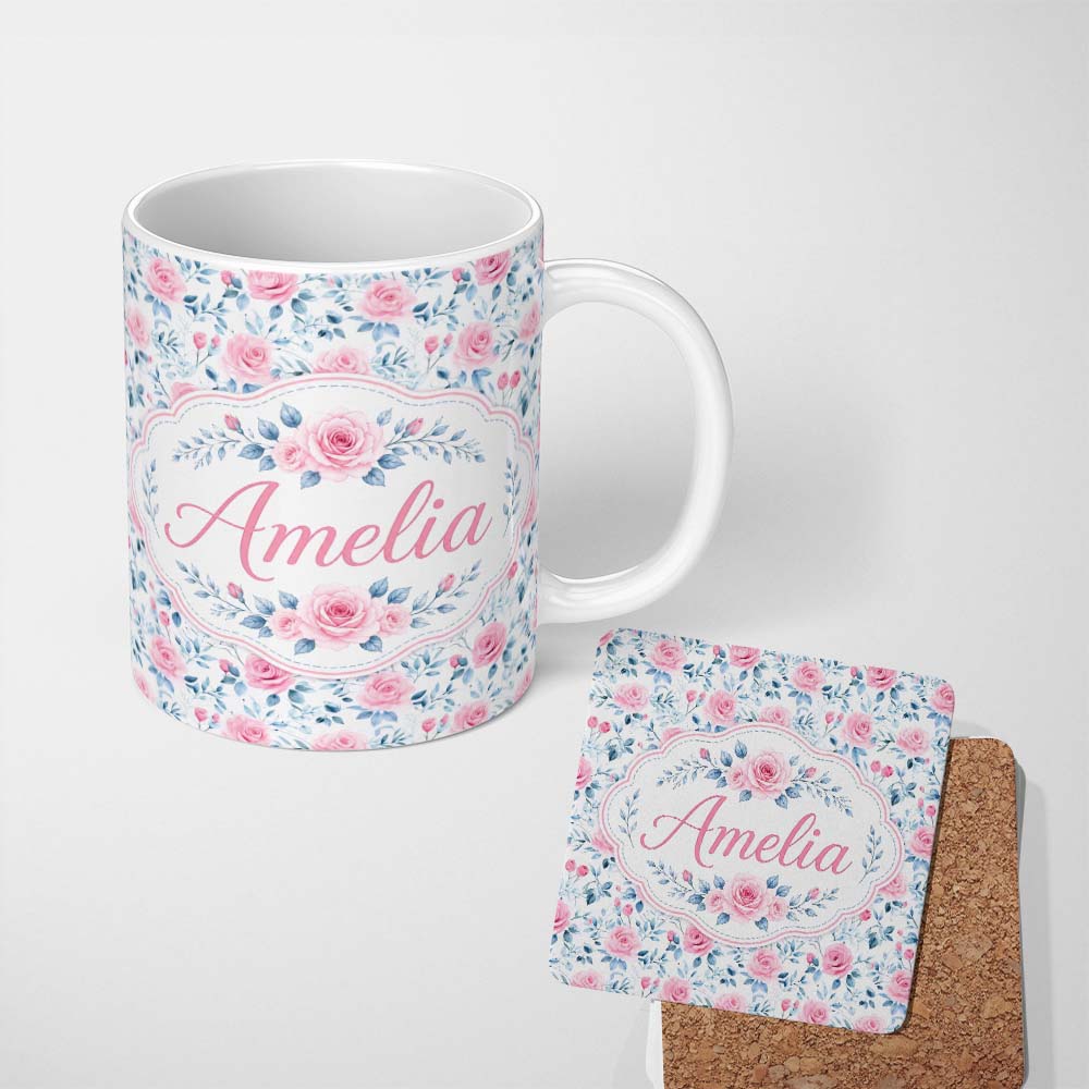Personalized Custom Name Soft Pink Blue Rose Floral Delicate Seamless Pattern Name Cute 11oz Ceramic Coffee Tea Mug White Large Handle