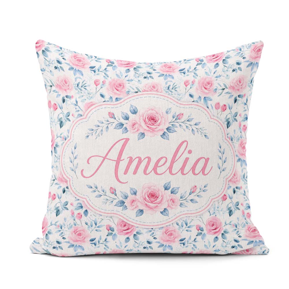 Custom Name Soft Pink Blue Rose Floral Delicate Seamless Pattern Square Filled Cushion Throw Pillow Sofa Bed Home Decor Zip Washable UK Made
