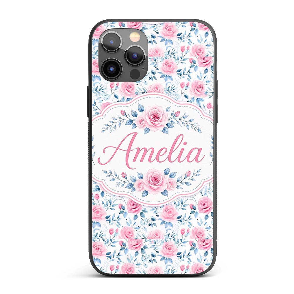 Soft Pink Blue Rose Floral Delicate Seamless Custom Name Protective Phone Case Mobile Cover Durable Everyday Smartphone Shock Resistant