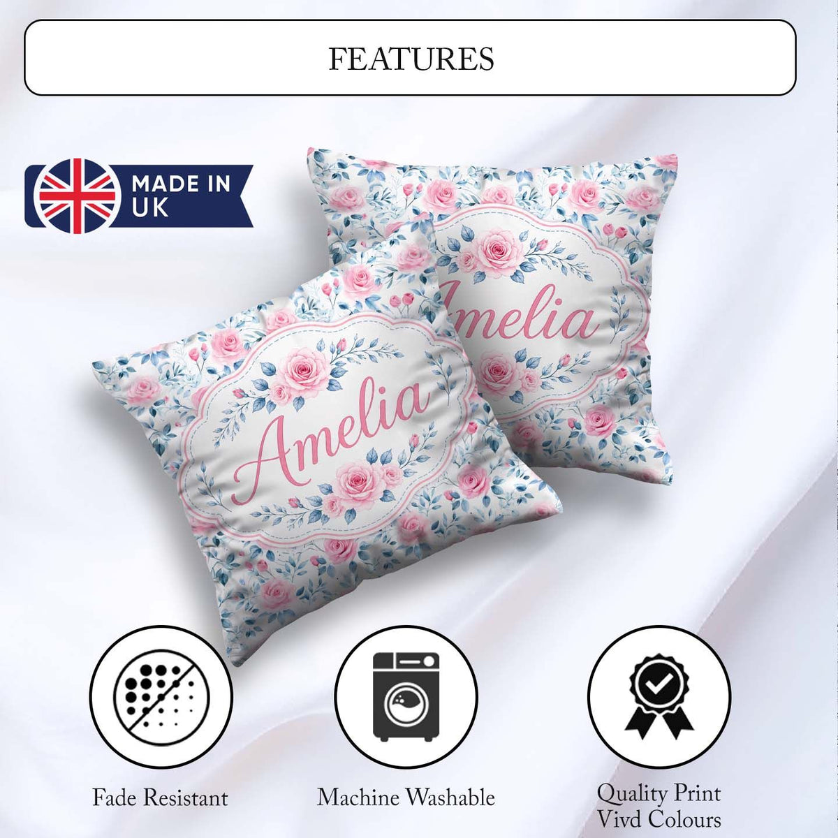 Custom Name Soft Pink Blue Rose Floral Delicate Seamless Pattern Square Filled Cushion Throw Pillow Sofa Bed Home Decor Zip Washable UK Made