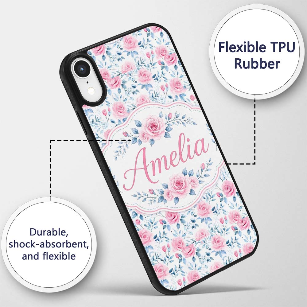 Soft Pink Blue Rose Floral Delicate Seamless Custom Name Protective Phone Case Mobile Cover Durable Everyday Smartphone Shock Resistant