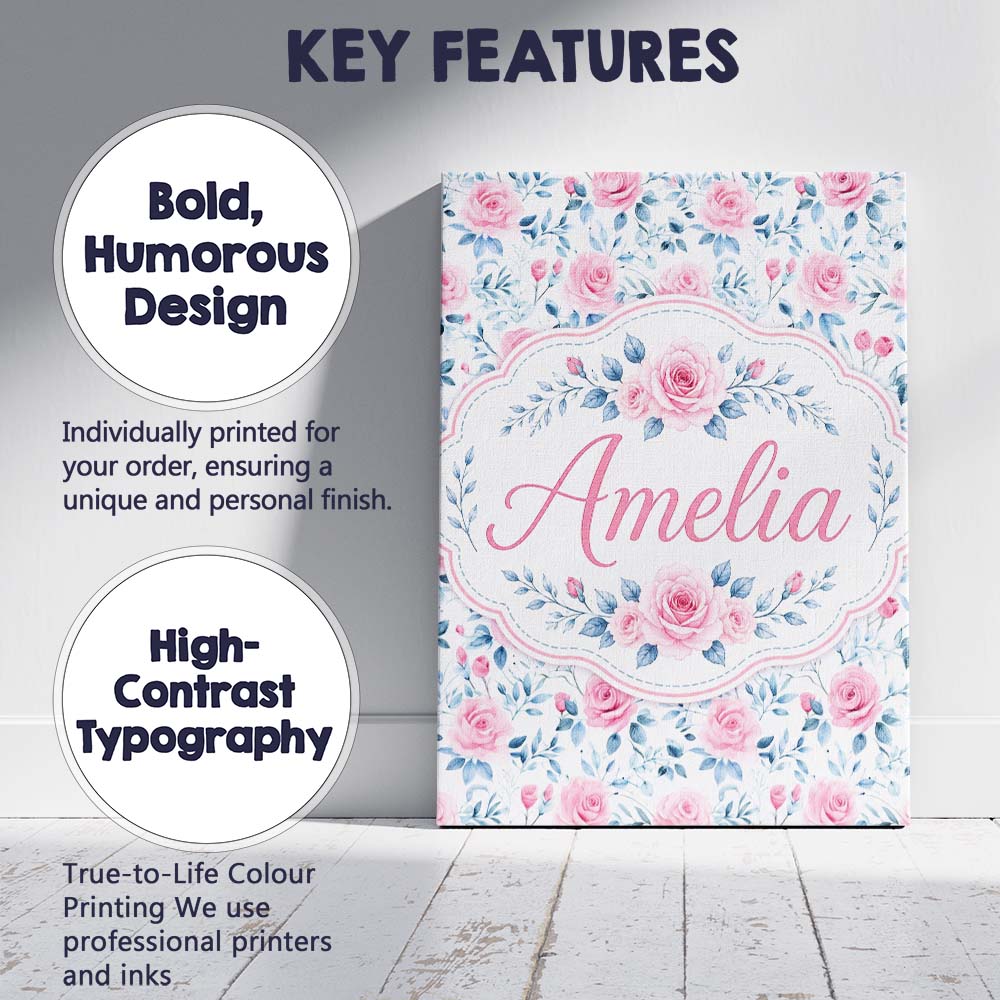 Personalised Name Soft Pink Blue Rose Custom Modern Room Accent Creative Decorator Style Canvas Wall Art Print Decor Picture Ready to Hang