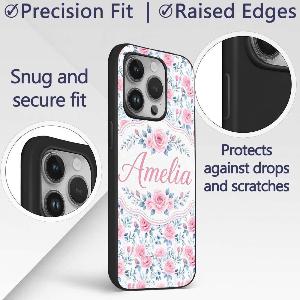 Soft Pink Blue Rose Floral Delicate Seamless Custom Name Protective Phone Case Mobile Cover Durable Everyday Smartphone Shock Resistant