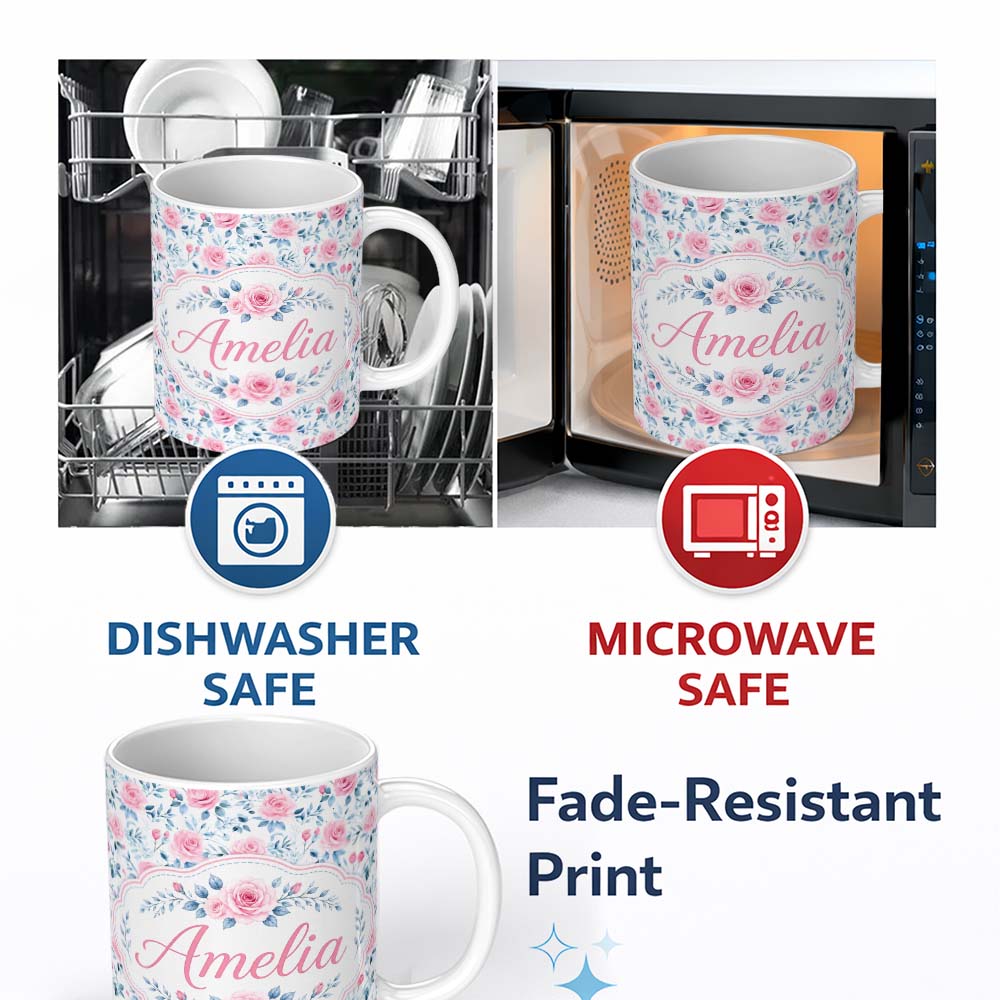 Personalized Custom Name Soft Pink Blue Rose Floral Delicate Seamless Pattern Name Cute 11oz Ceramic Coffee Tea Mug White Large Handle