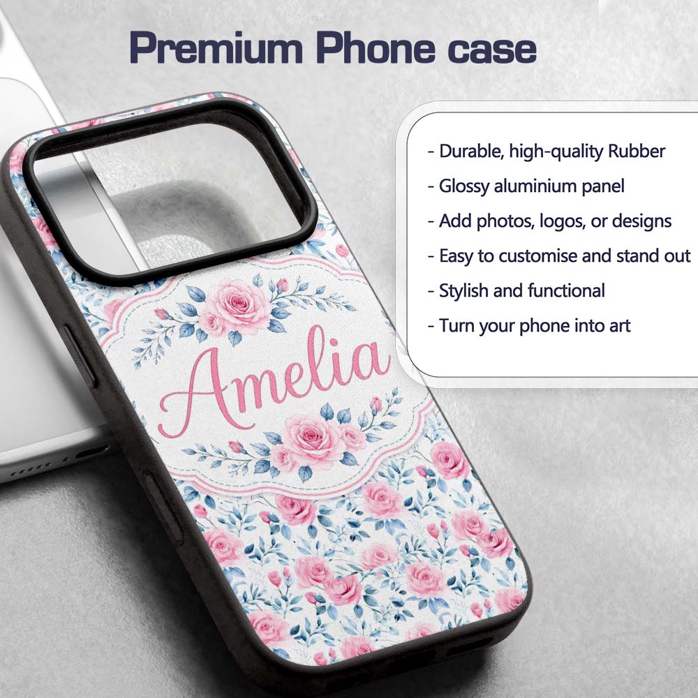 Soft Pink Blue Rose Floral Delicate Seamless Custom Name Protective Phone Case Mobile Cover Durable Everyday Smartphone Shock Resistant