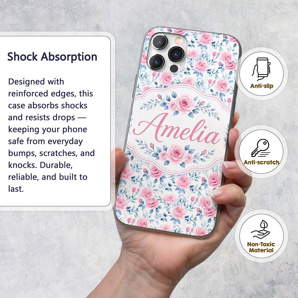 Soft Pink Blue Rose Floral Delicate Seamless Custom Name Protective Phone Case Mobile Cover Durable Everyday Smartphone Shock Resistant