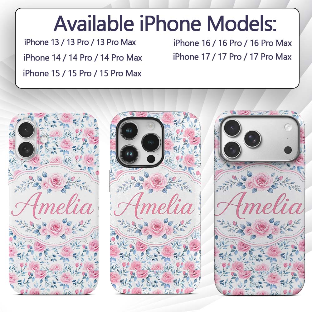 Soft Pink Blue Rose Floral Delicate Seamless Custom Name Protective Phone Case Mobile Cover Durable Everyday Smartphone Shock Resistant