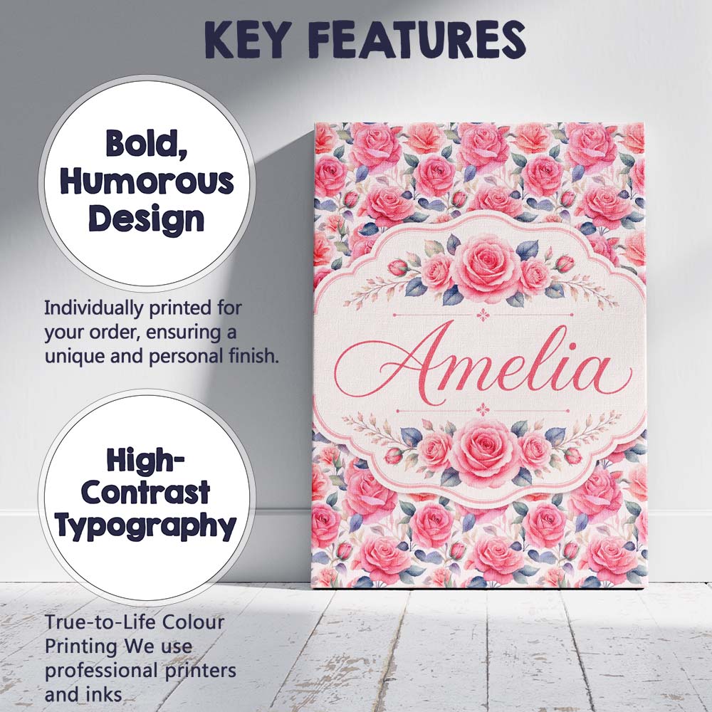 Personalised Name Romantic Pink Rose Custom Premium Decorative Design Modern Room Accent Canvas Wall Art Print Decor Picture Ready to Hang