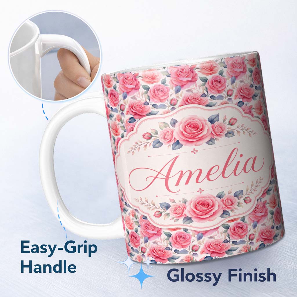 Personalized Custom Name Romantic Pink Rose Blossom Floral Seamless Pattern Name Cute Unique 11oz Ceramic Coffee Tea Mug White Large Handle