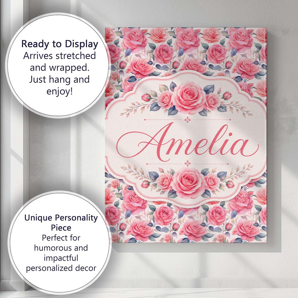 Personalised Name Romantic Pink Rose Custom Premium Decorative Design Modern Room Accent Canvas Wall Art Print Decor Picture Ready to Hang