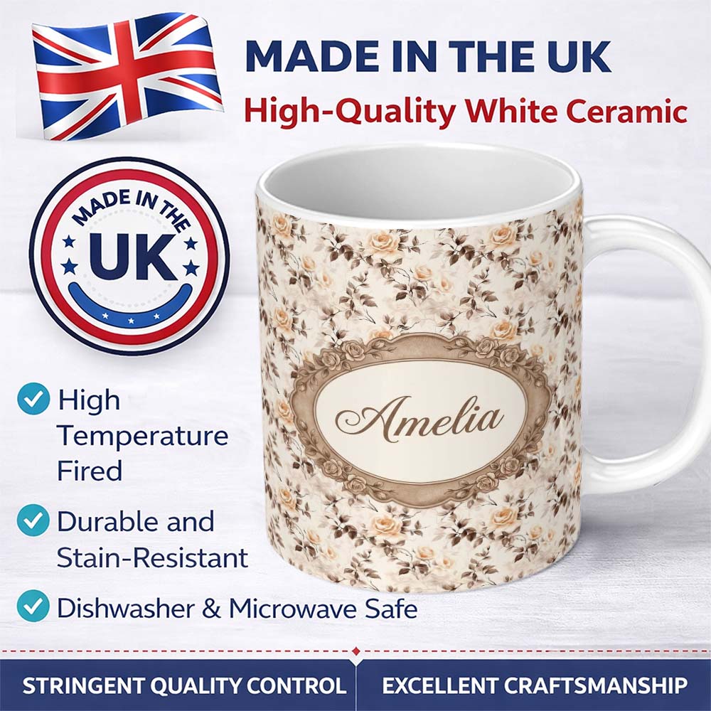 Personalized Custom Name Vintage Sepia Rose Botanical Floral Seamless Pattern Name Cute 11oz Ceramic Coffee Tea Mug White Large Handle