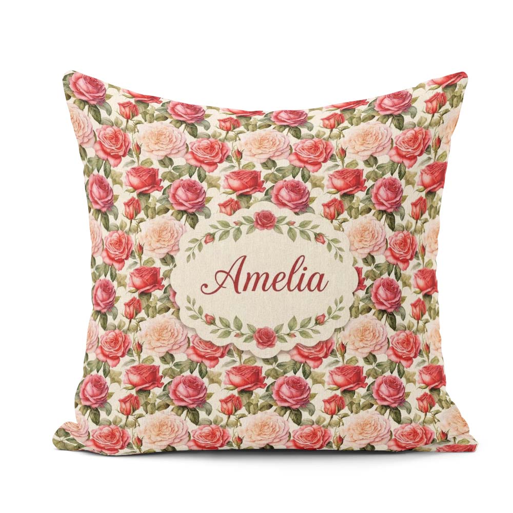 Custom Name Classic Red Rose Bouquet Seamless Pattern Name Cute Square Filled Cushion Throw Pillow Sofa Bed Home Decor Zip Washable UK Made