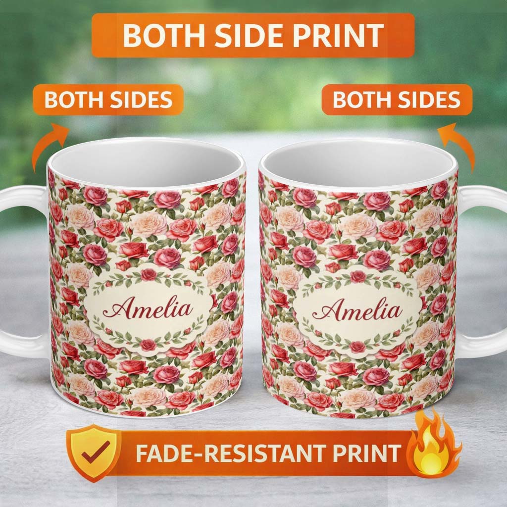 Personalized Custom Name Classic Red Rose Bouquet Floral Seamless Pattern Name Cute Unique 11oz Ceramic Coffee Tea Mug White Large Handle