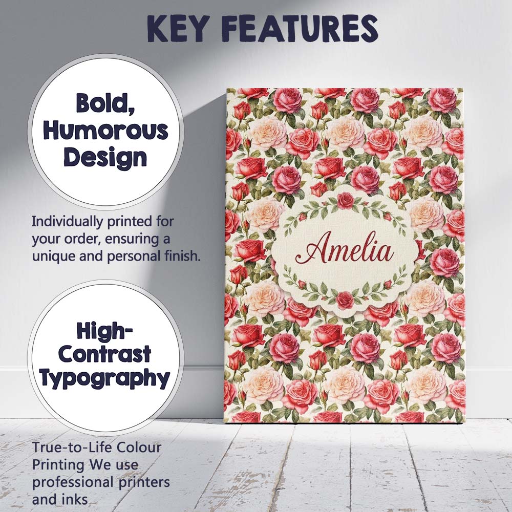 Personalised Name Classic Red Rose Bouquet Custom Unique Gift Idea Elegant Feature Canvas Wall Art Print Decor Picture Ready to Hang