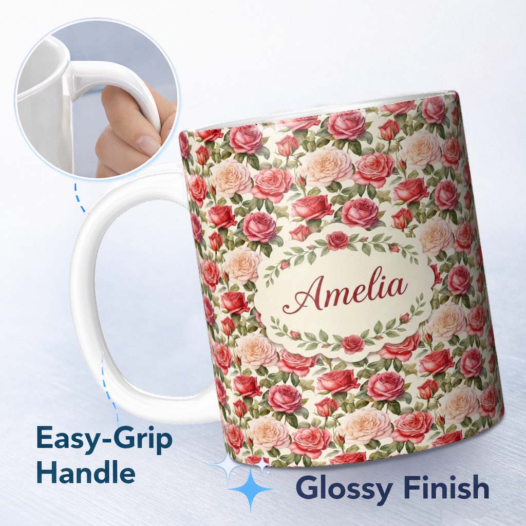 Personalized Custom Name Classic Red Rose Bouquet Floral Seamless Pattern Name Cute Unique 11oz Ceramic Coffee Tea Mug White Large Handle