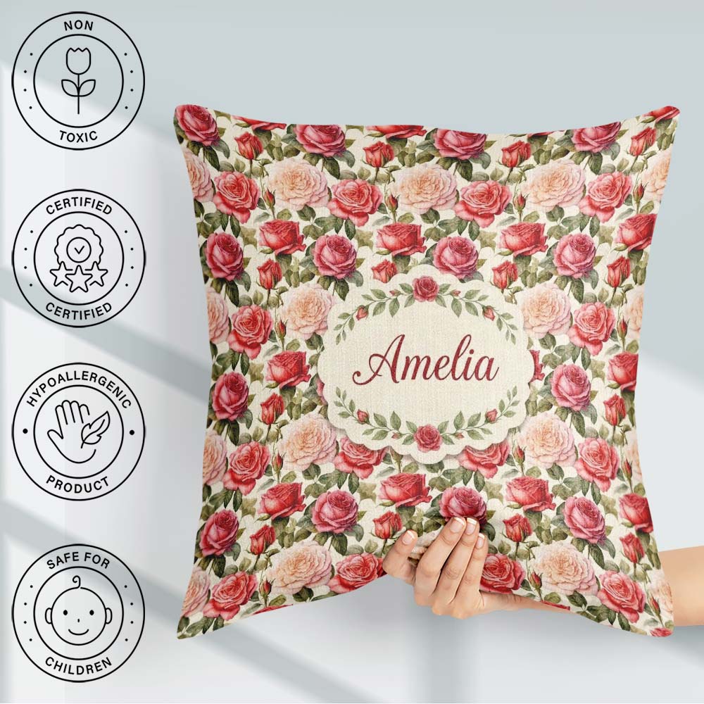 Custom Name Classic Red Rose Bouquet Seamless Pattern Name Cute Square Filled Cushion Throw Pillow Sofa Bed Home Decor Zip Washable UK Made