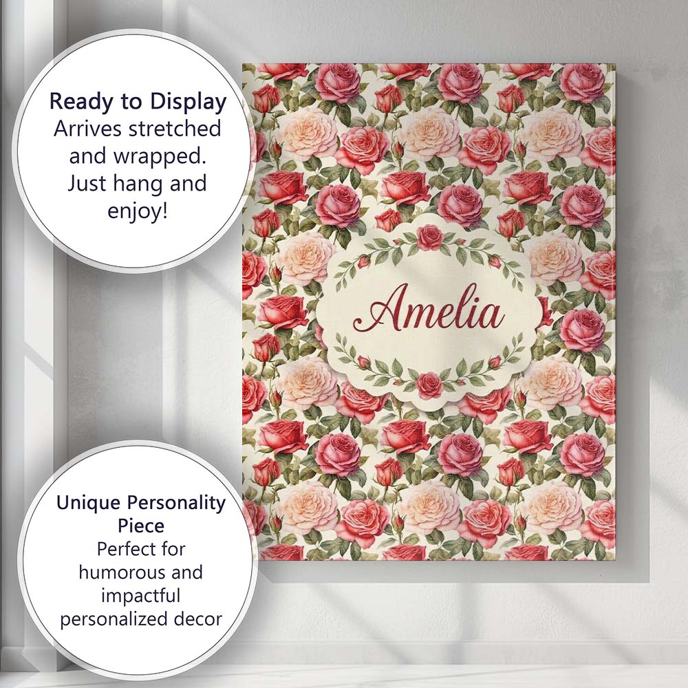 Personalised Name Classic Red Rose Bouquet Custom Unique Gift Idea Elegant Feature Canvas Wall Art Print Decor Picture Ready to Hang
