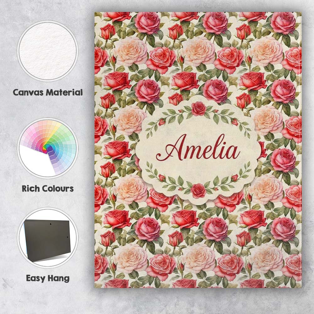 Personalised Name Classic Red Rose Bouquet Custom Unique Gift Idea Elegant Feature Canvas Wall Art Print Decor Picture Ready to Hang