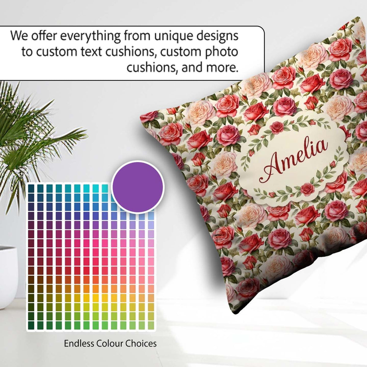 Custom Name Classic Red Rose Bouquet Seamless Pattern Name Cute Square Filled Cushion Throw Pillow Sofa Bed Home Decor Zip Washable UK Made