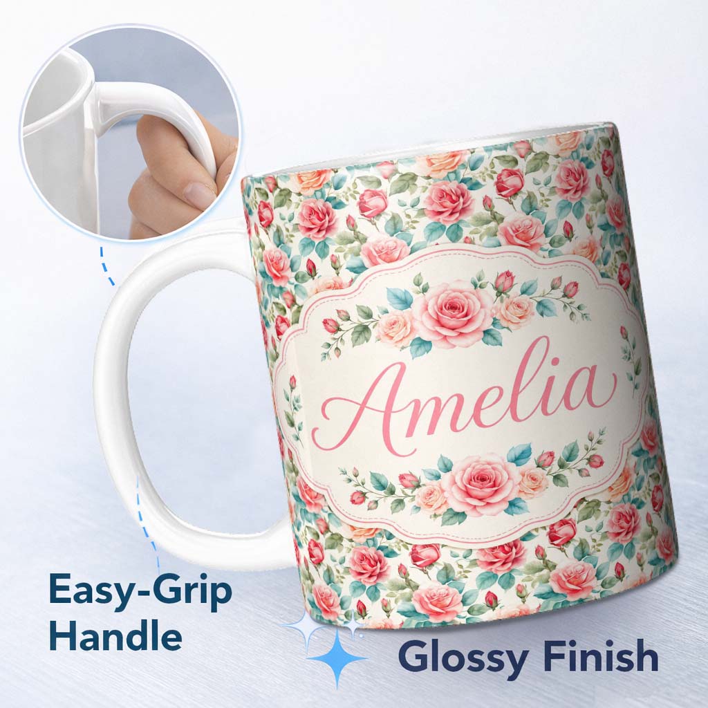 Personalized Custom Name Pastel Pink Peach Roses Floral Seamless Pattern Name Cute Unique 11oz Ceramic Coffee Tea Mug White Large Handle
