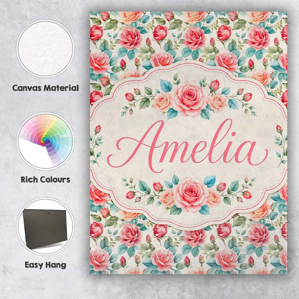 Personalised Name Pastel Pink Peach Roses Custom Unique Gift Idea Elegant Feature Canvas Wall Art Print Decor Picture Ready to Hang