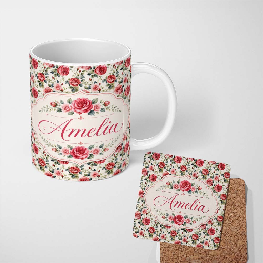 Personalized Custom Name Timeless Red Pink Rose Botanical Seamless Pattern Name Cute Unique 11oz Ceramic Coffee Tea Mug White Large Handle