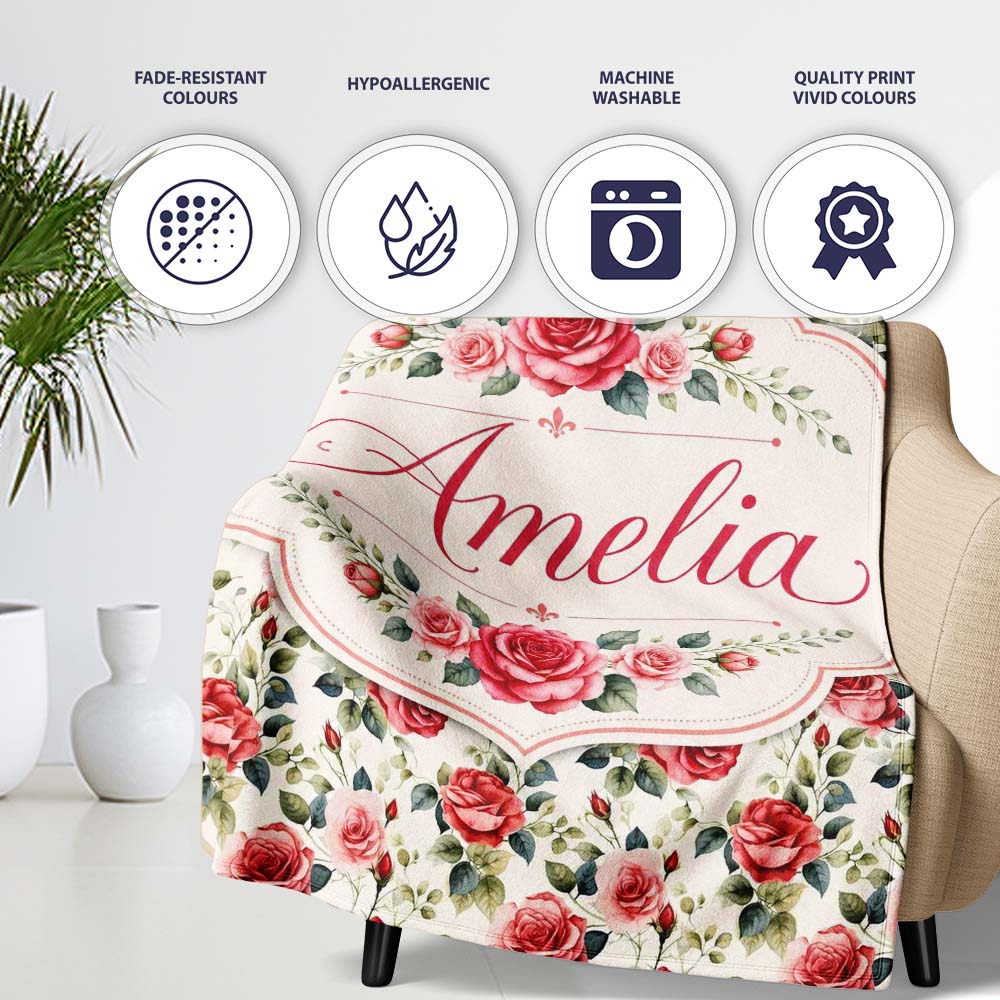 Timeless Red Pink Rose Botanical Seamless Pattern Name Cute Unique Personalised Custom Name Super Soft Fleece Blanket Bed Sofa Throw