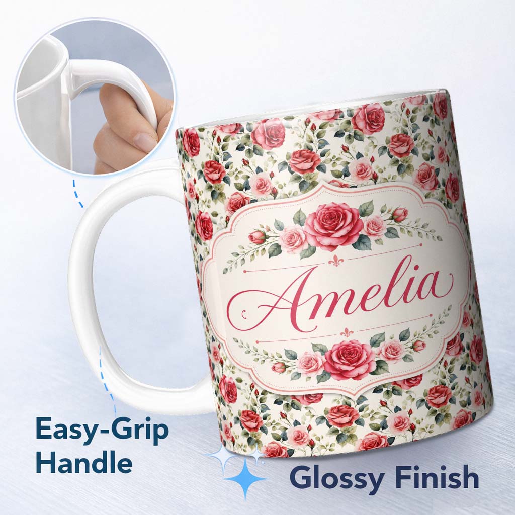 Personalized Custom Name Timeless Red Pink Rose Botanical Seamless Pattern Name Cute Unique 11oz Ceramic Coffee Tea Mug White Large Handle