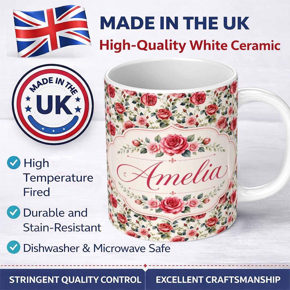 Personalized Custom Name Timeless Red Pink Rose Botanical Seamless Pattern Name Cute Unique 11oz Ceramic Coffee Tea Mug White Large Handle
