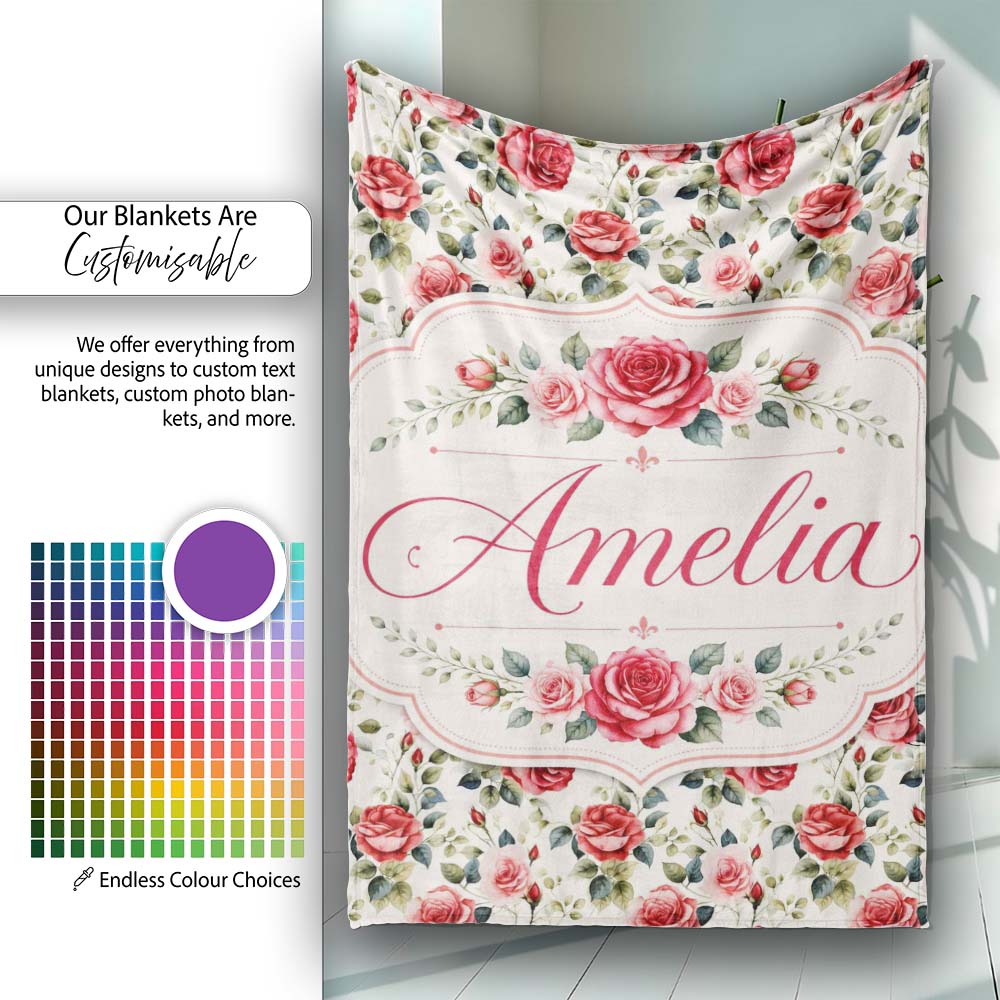 Timeless Red Pink Rose Botanical Seamless Pattern Name Cute Unique Personalised Custom Name Super Soft Fleece Blanket Bed Sofa Throw