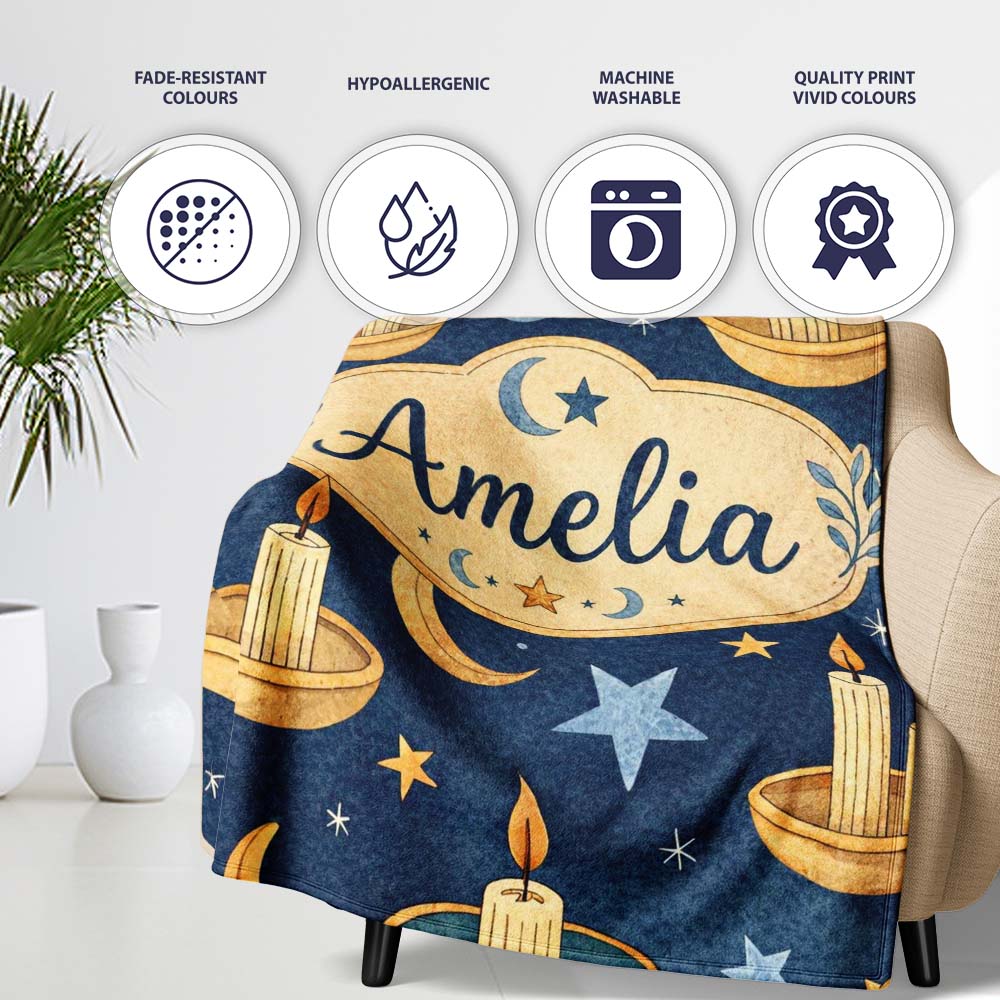 Celestial Candle Moon Stars Mystic Night Seamless Pattern Lovely Personalised Custom Name Super Soft Fleece Blanket Bed Sofa Throw