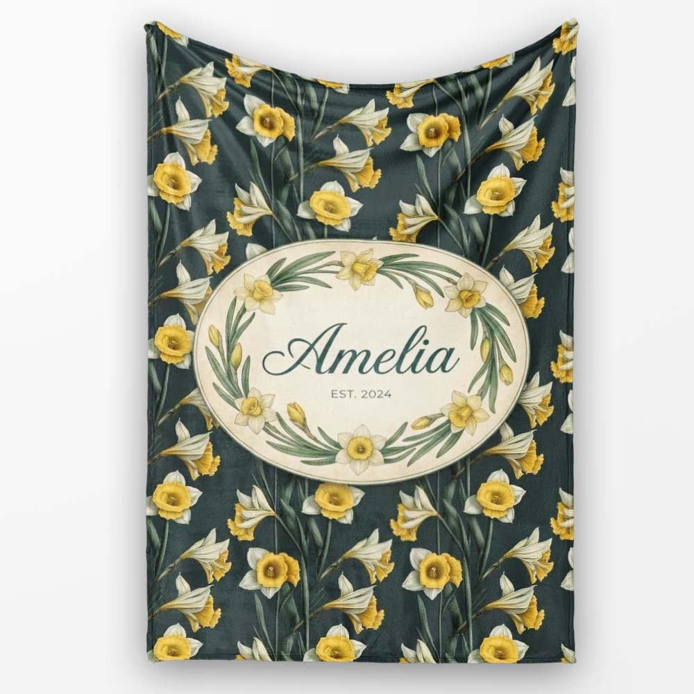 Elegant Yellow White Daffodil Floral Seamless Pattern Name Cute Personalised Custom Name Super Soft Fleece Blanket Bed Sofa Throw
