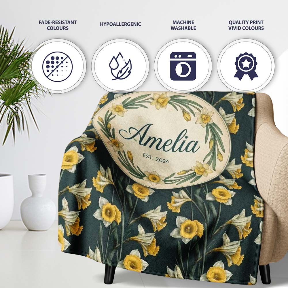 Elegant Yellow White Daffodil Floral Seamless Pattern Name Cute Personalised Custom Name Super Soft Fleece Blanket Bed Sofa Throw