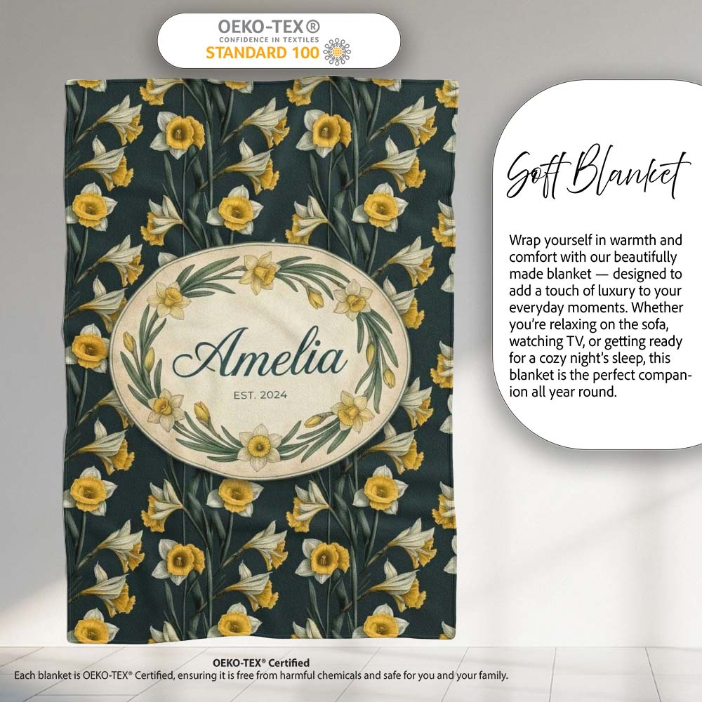 Elegant Yellow White Daffodil Floral Seamless Pattern Name Cute Personalised Custom Name Super Soft Fleece Blanket Bed Sofa Throw