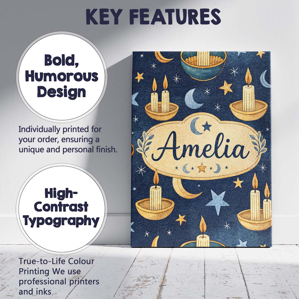 Personalised Name Celestial Candle Moon Stars Mystic Night Seamless Custom Canvas Wall Art Print Decor Picture Ready to Hang