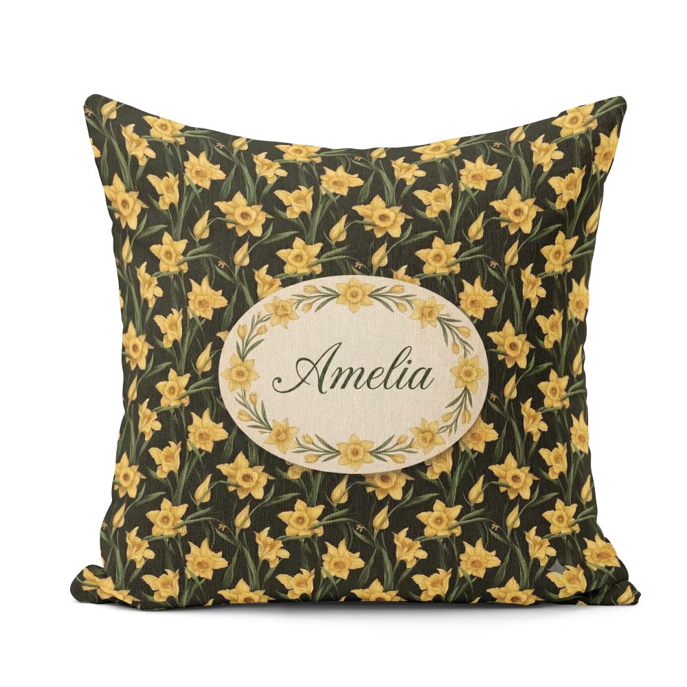 Custom Name Golden Daffodil Spring Floral Botanical Pattern Name Square Filled Cushion Throw Pillow Sofa Bed Home Decor Zip Washable UK Made