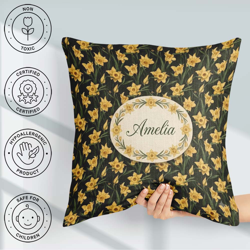 Custom Name Golden Daffodil Spring Floral Botanical Pattern Name Square Filled Cushion Throw Pillow Sofa Bed Home Decor Zip Washable UK Made