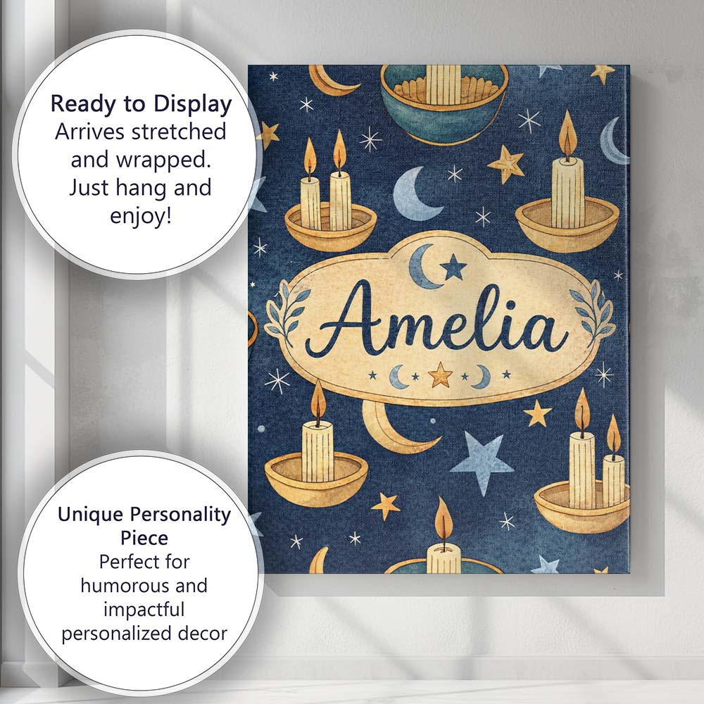 Personalised Name Celestial Candle Moon Stars Mystic Night Seamless Custom Canvas Wall Art Print Decor Picture Ready to Hang