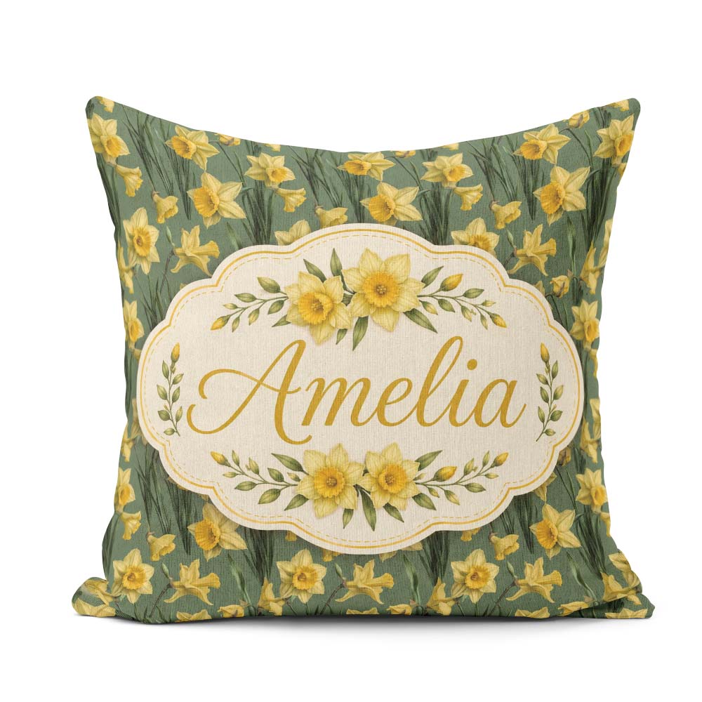 Custom Name Soft Yellow Daffodil Meadow Floral Pattern Name Cute Square Filled Cushion Throw Pillow Sofa Bed Home Decor Zip Washable UK Made