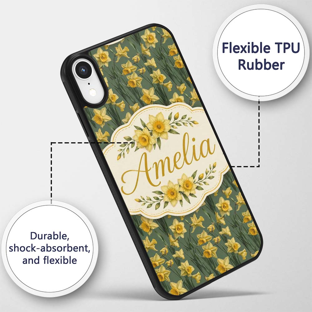 Soft Yellow Daffodil Meadow Floral Printed Design Custom Name Protective Phone Case Mobile Cover Durable Everyday Smartphone Shock Resistant
