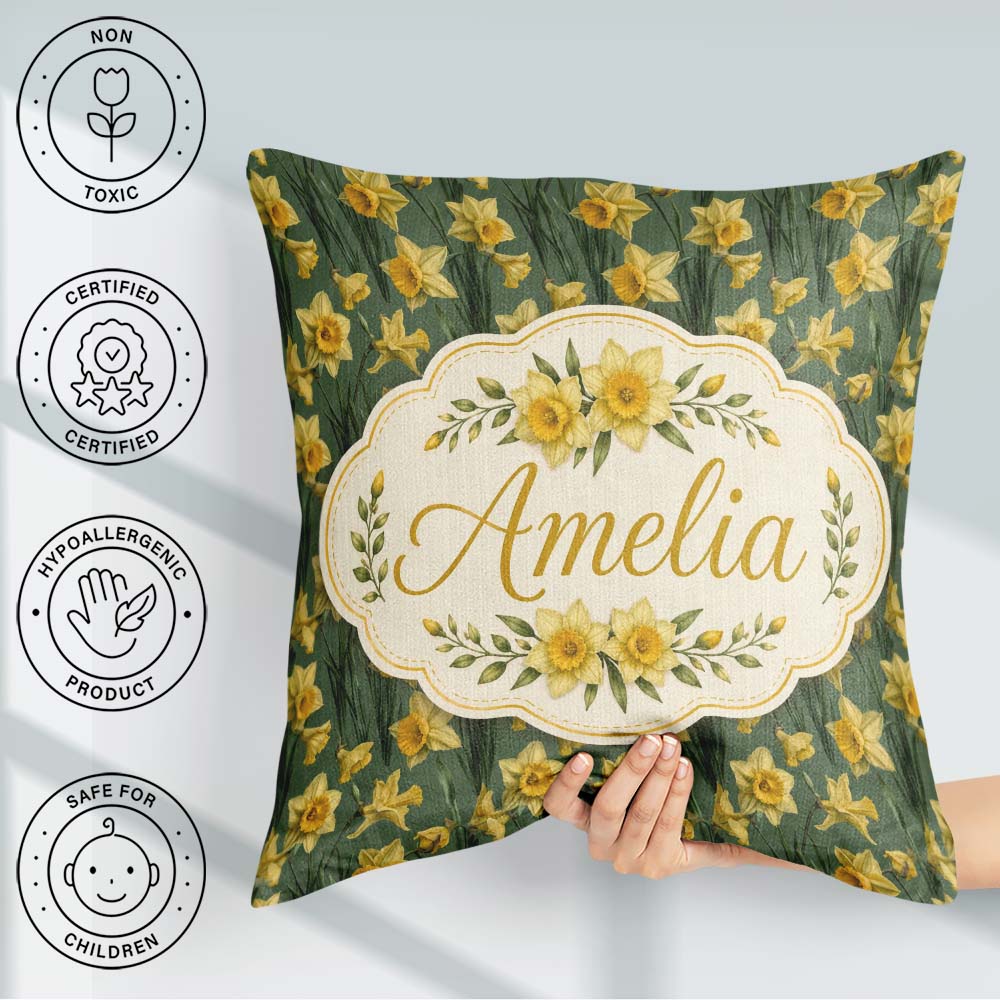 Custom Name Soft Yellow Daffodil Meadow Floral Pattern Name Cute Square Filled Cushion Throw Pillow Sofa Bed Home Decor Zip Washable UK Made