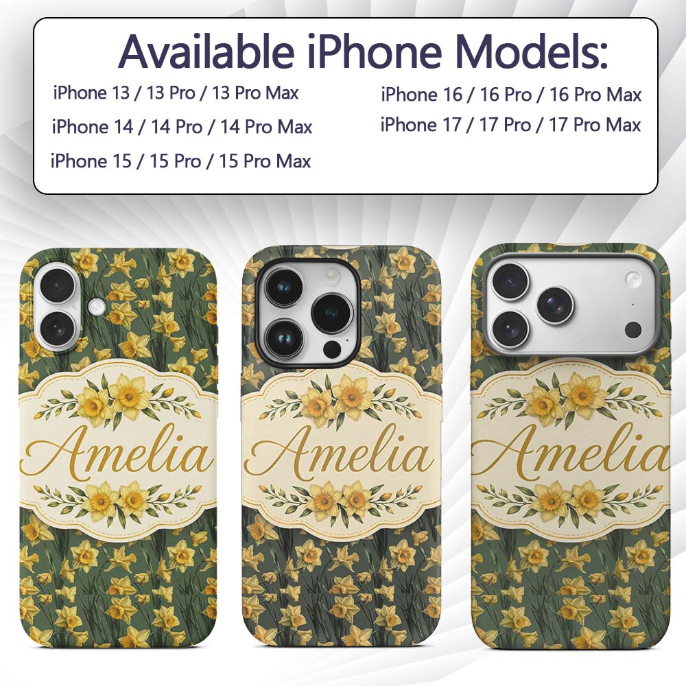 Soft Yellow Daffodil Meadow Floral Printed Design Custom Name Protective Phone Case Mobile Cover Durable Everyday Smartphone Shock Resistant