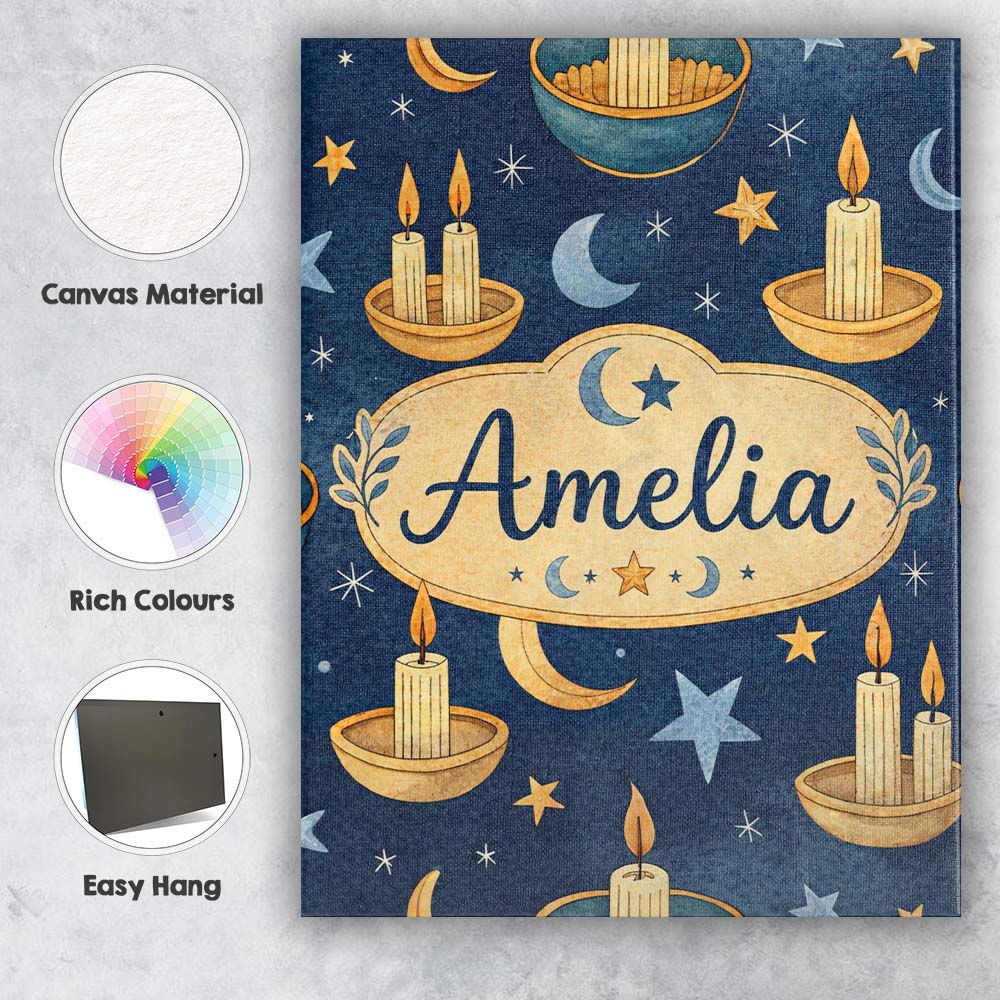 Personalised Name Celestial Candle Moon Stars Mystic Night Seamless Custom Canvas Wall Art Print Decor Picture Ready to Hang