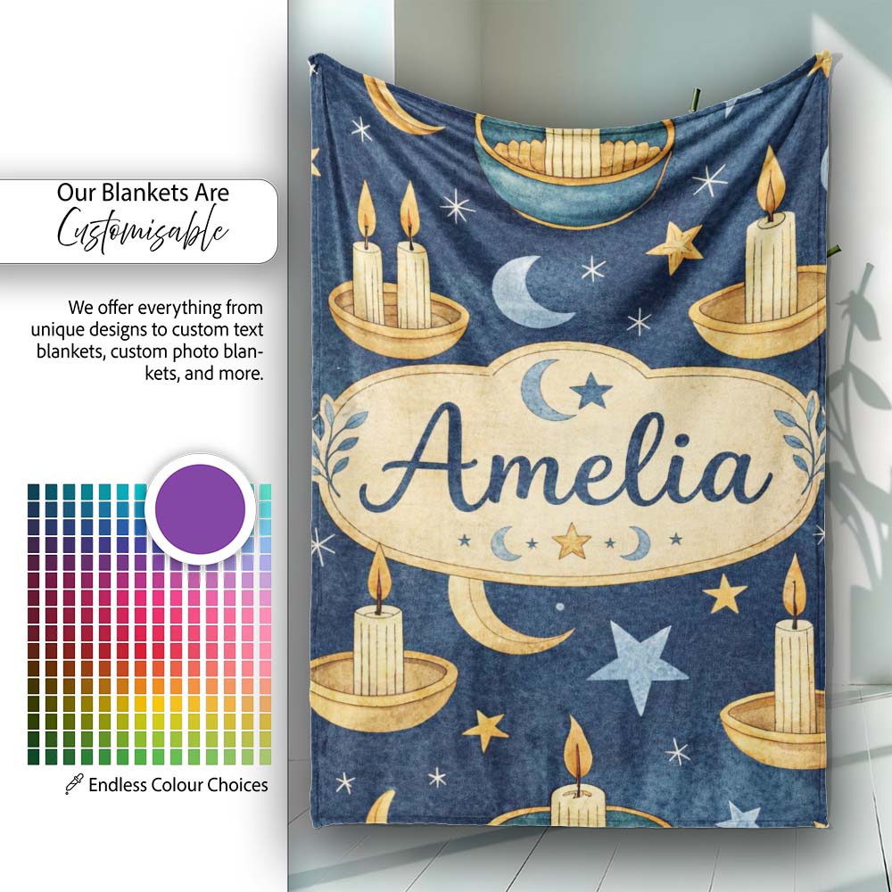 Celestial Candle Moon Stars Mystic Night Seamless Pattern Lovely Personalised Custom Name Super Soft Fleece Blanket Bed Sofa Throw
