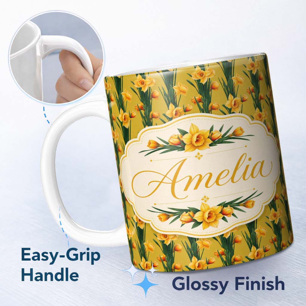 Personalized Custom Name Bright Orange Yellow Daffodil Floral Seamless Pattern Name Cute 11oz Ceramic Coffee Tea Mug White Large Handle