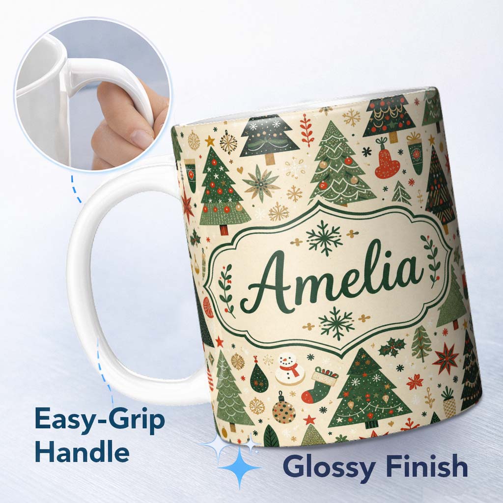 Personalized Custom Name Vintage Christmas Trees Ornaments Snowflakes Festive Seamless Lovely 11oz Ceramic Coffee Tea Mug White Large Handle