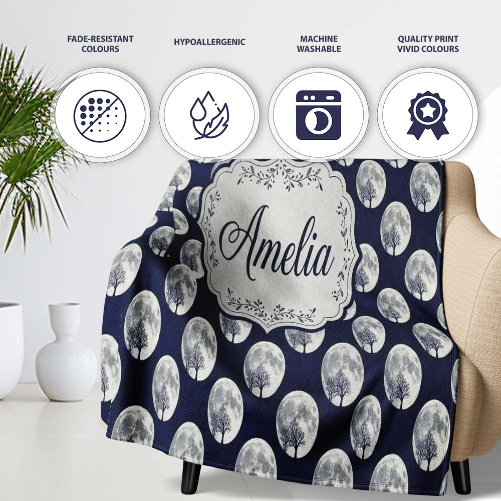 Dark Winter Forest Snow Tree Seamless Pattern Cute Personalised Custom Name Super Soft Fleece Blanket Bed Sofa Throw