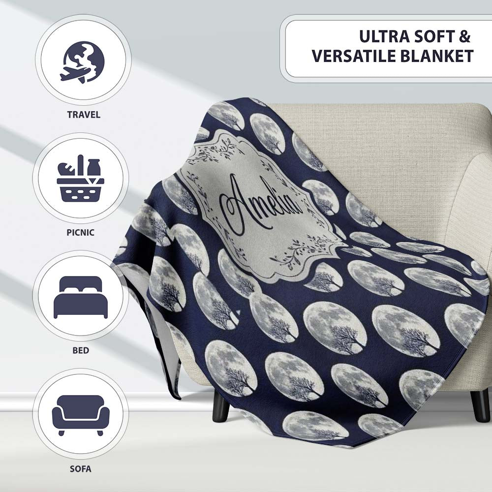 Dark Winter Forest Snow Tree Seamless Pattern Cute Personalised Custom Name Super Soft Fleece Blanket Bed Sofa Throw
