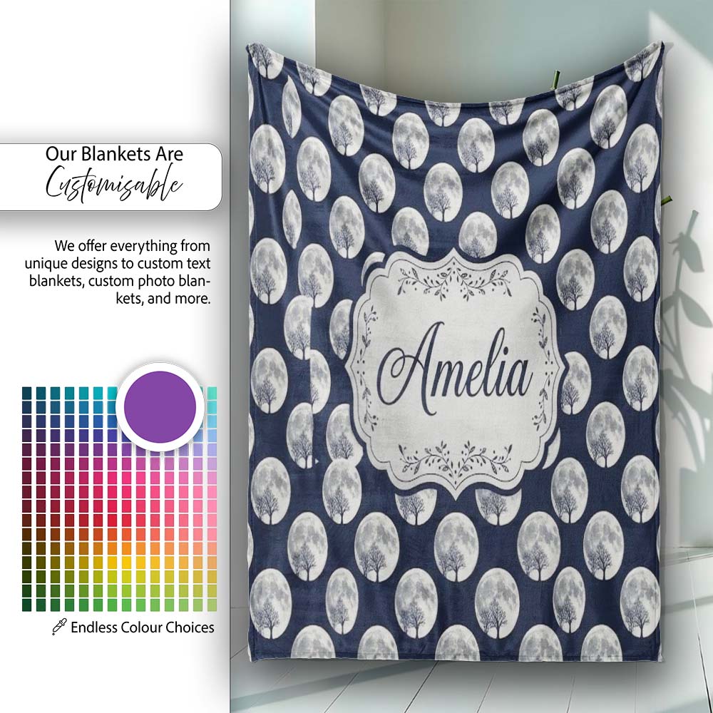 Dark Winter Forest Snow Tree Seamless Pattern Cute Personalised Custom Name Super Soft Fleece Blanket Bed Sofa Throw